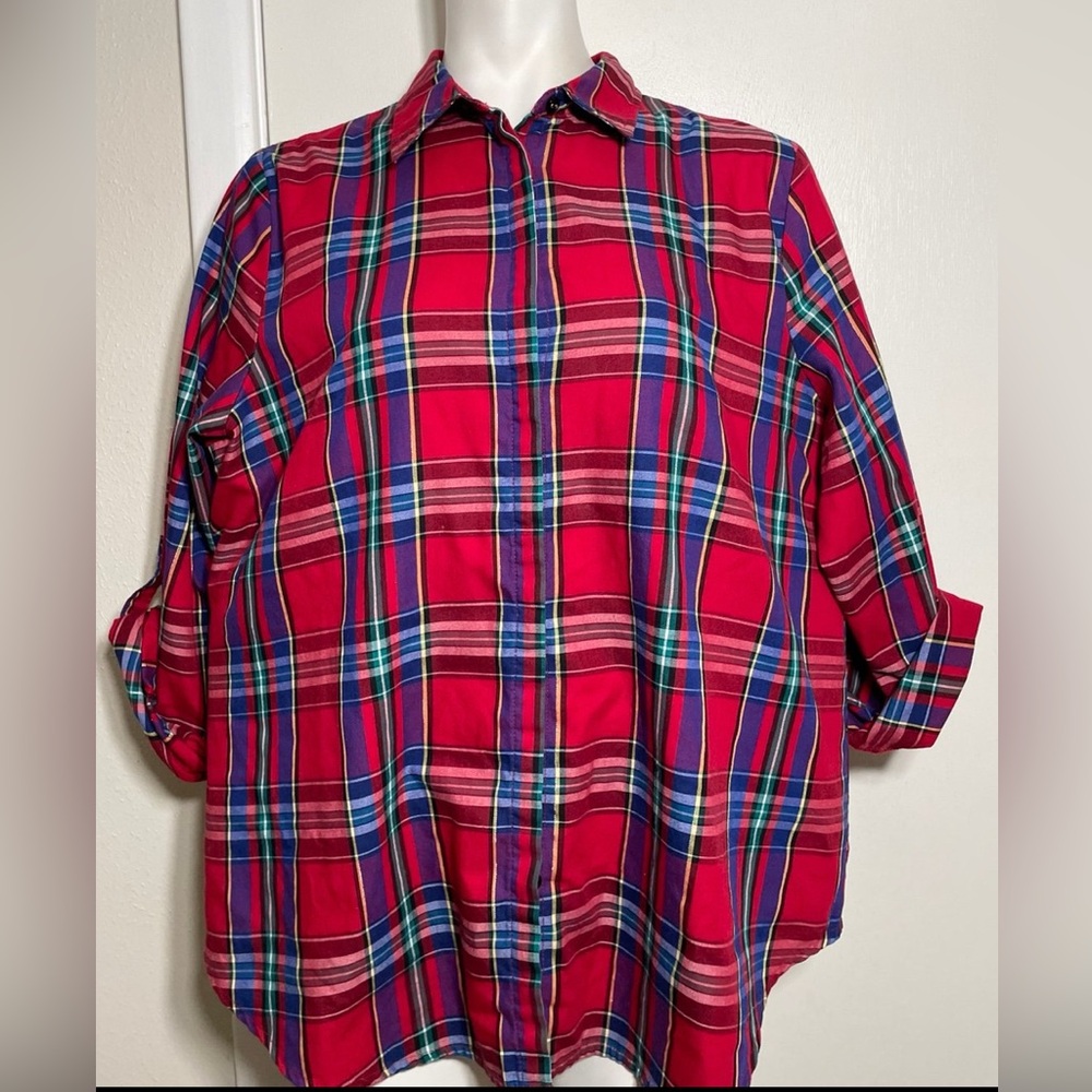 Allison Daley Size 18W Red Plaid Button long sleeve top blouse shirt christmas